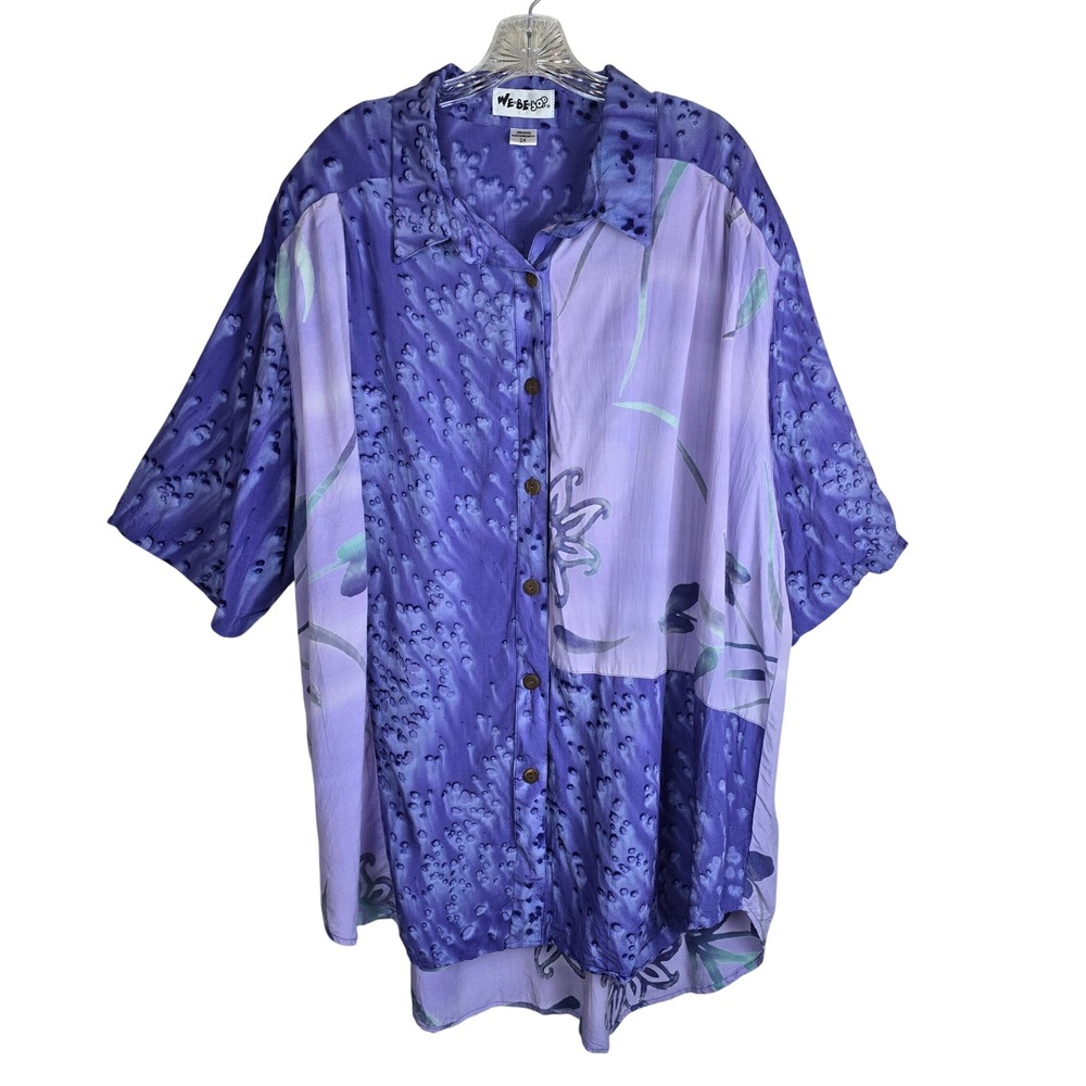 We Be Bop Vintage 100% Rayon Batik Floral Button Up Top Size 2X Purple